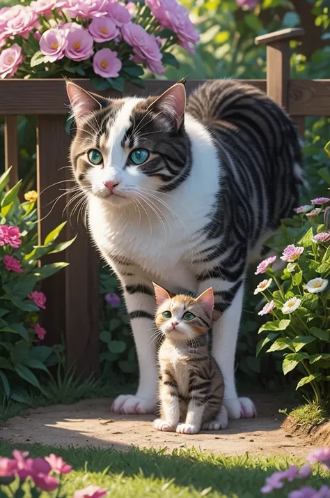 Chicken looking at kitten, in the yard, there are many beautiful flowers around, animated film still, Disney-style