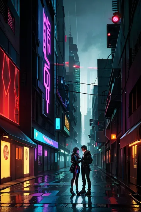 Cyberpunk, night scene, young couple, kissing, bar, red-haired girl with green eyes, black and white-haired guy with blue eyes, anime, neon lights, futuristic city, rain, vibrant colors, glowing holograms, street graffiti, urban fashion, augmented reality,...