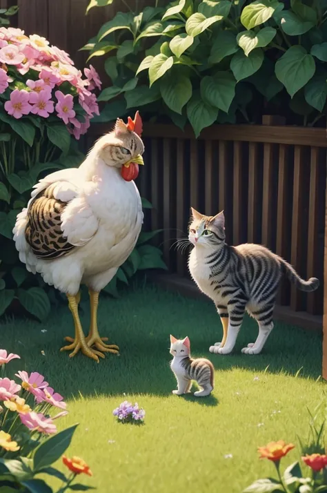 Chicken looking at kitten, in the yard, there are many beautiful flowers around, Well-traced details, animated film still, Disney-style