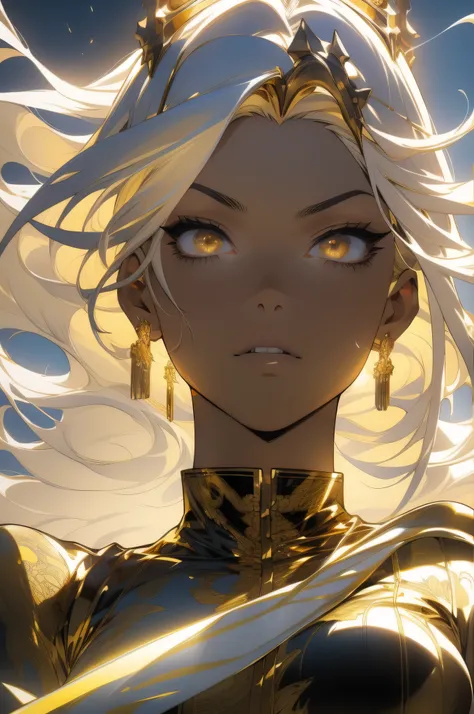 (looking at pov) highly detailed face, realistic face, golden katana, (oversized clothes:1.2), miniskirt,  (dark coat with ornate golden embroidery, golden embellished), (white hair, golden streaks on hair), yellow eyes, thigh strap, (neo city), (clouds), ...