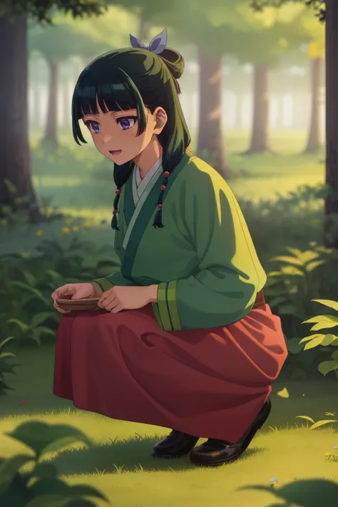 Masterpiece, best quality, highres, absurdres, 1girl, maomao, lady in waiting, solo, red skirt, forest, trees, mushrooms, collecting herbs, crouching, happy, surprise, eyes shining,