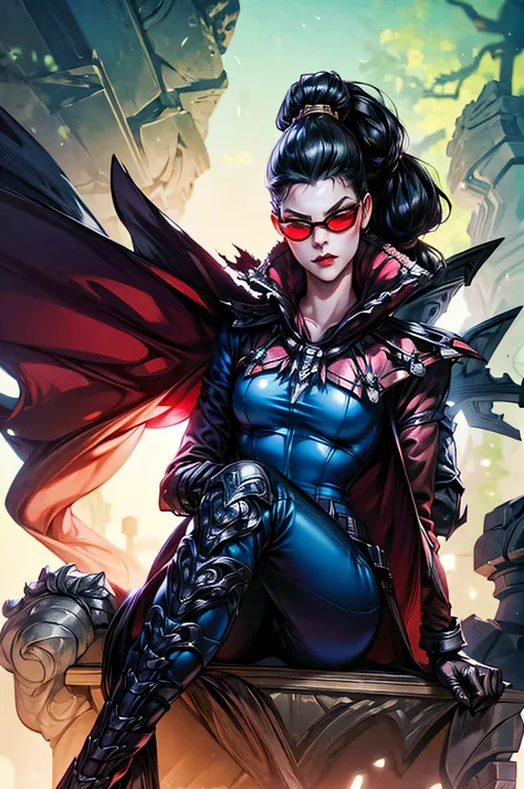 (masterpiece), best quality, expressive eyes, perfect face, vayne, 1girl, solo, long hair, black hair, gloves, ponytail, cape, s...