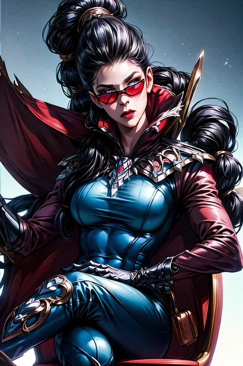 (masterpiece), best quality, expressive eyes, perfect face, vayne, 1girl, solo, long hair, black hair, gloves, ponytail, cape, sunglasses, ruin background,sitting, crossed legs, portrait, looking at viewer, from frontal