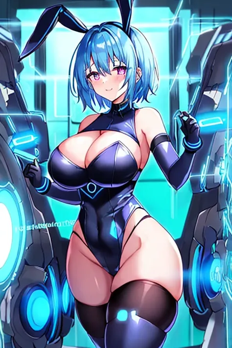 1girl, blue hair, large breasts, breasts, thick thighs, wide hips, purple eyes, bodysuit, black bodysuit, pantyhose, short hair, light smile, happy, very short hair, science-fiction, tech, futuristic, black pantyhose, thighhighs, neon, machinery, bunny ear...