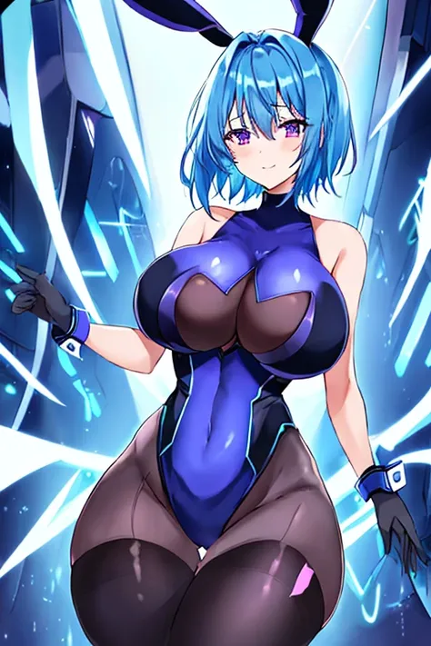 1girl, blue hair, large breasts, breasts, thick thighs, wide hips, purple eyes, bodysuit, black bodysuit, pantyhose, short hair, light smile, happy, very short hair, science-fiction, tech, futuristic, black pantyhose, thighhighs, neon, machinery, bunny ear...