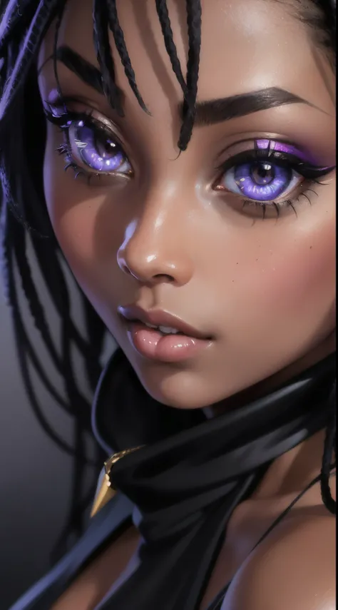 (Concept Art) of an (African-American) female, with dark (black dreadlocks), purple eyes, dark (brown skin), (pointed ears), (slutty assassin), sexy black robe, (lust) demon, (close-up shot), perfect composition, hyper-detailed, 8K, high quality, (perfect ...