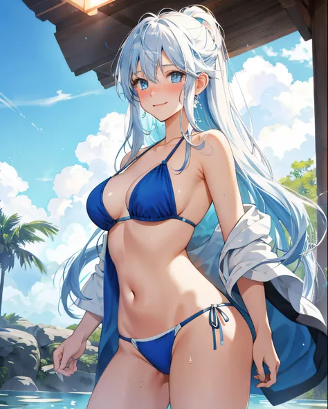 one-girl, In the hot springs,perspire,White color hair, long whitr hair, blue color eyes, Wear a bikini, Raise your foot to the screen,Sweated a lot, Get wet,Beautiful and moving, Onsenzato, Wet hair, Light smile, Blush, Ear blush, surrealism, High detail,...