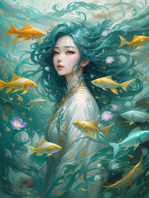 One was wearing a white dress、Fantasy art illustration of purple-haired woman surrounded by fish。Picture shows purple-haired woman wearing white dress，Standing gracefully in a fantasy scene。She is surrounded by all kinds of fish，They form a beautiful dance...