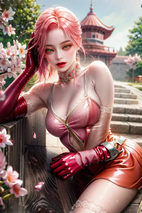 young woman, peach skin, short bubblegum pink hair, wide forehead, emerald green eyes, big red lips, red leather clothing, gloves, Sakura Haruno, 3d