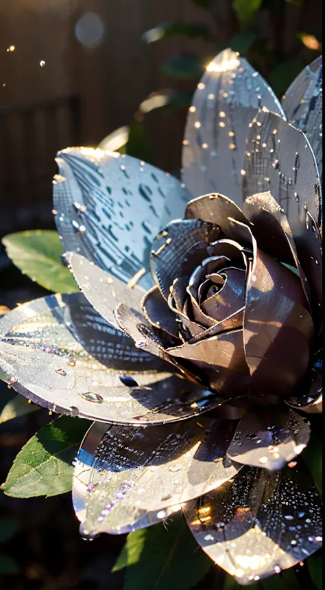 ((masterpiece)), extreme close up on a flower on garden, raw photo, after rain, water drops, [:(metal flower:1.4), (flower AND metal), the flowers petals are made of metal, the petals have a metalic appearance, relections, surface sccatering,:8], extreme h...