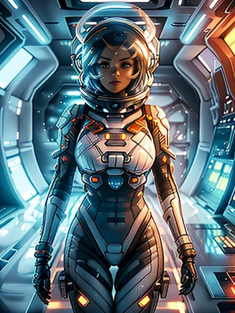 ​masterpiece:1.4, 1girl in ((20yr old,space helmet、 Wearing a futuristic white and silver costume, Tight Fit Bodysuit, long boots, Very gigantic-breasts, Multicolored blonde hair, a short bob, Perfect model body, Blue eyes:1.4, Wearing headphones, Flirting...