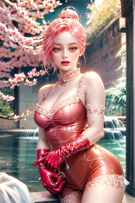 young woman, peach skin, short bubblegum pink hair, wide forehead, emerald green eyes, big red lips, red leather clothing, gloves, Sakura Haruno, 3d