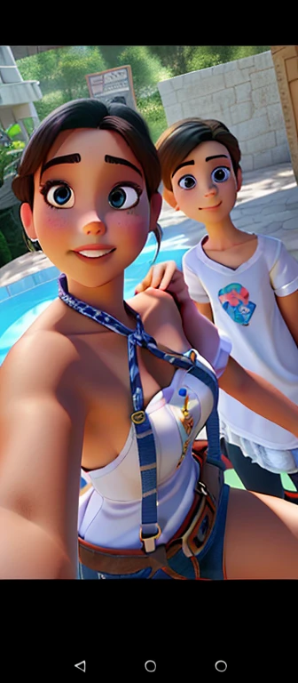 Woman in white bustier with teenager Disney pixar style , o adolescente com cabelo curto quase raspado e camisa manga curta dando sinal de ok na selfie alta qualidade,melhor qualidade