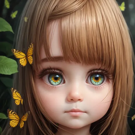 Drawing, realistic fantasy, clarity, detail 8kk, solo, portrait, (ultradetailing), childrens appearance, (ultradetailing), girl 2 years old, brown hair, (hair detailing), big yellow eyes, (fine eye detailing), thick eyelashes, (eyelash detailing), meadow, ...