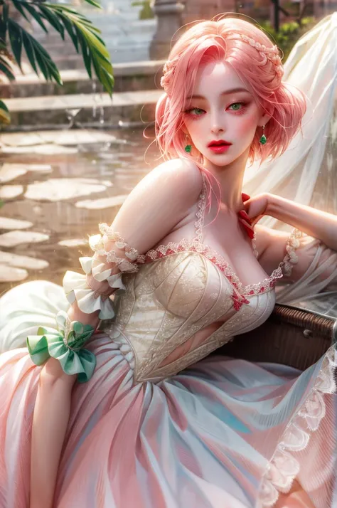 young woman, peach skin, short bubblegum pink hair, wide forehead, emerald green eyes, big red lips, red and white Victorian era dress, Sakura Haruno, 3d