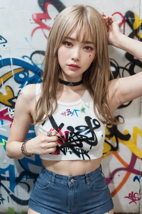 Hyper realistic, masutepiece, Best Quality, ((Lauren Gray, Olivia Dunns face)) 1girl in, 独奏, croptop, denim ((tight miniskirt)), Choker, (Graffiti:1.5), Hands behind your back, against a wall, Look at viewers, A bracelet, Thigh strap, tilt of the head, Blo...