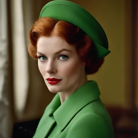 She is beautiful with red hair and a pale complexion, often dressed in a chic, 1960s style that reflects her bold and precise personality. Her intense green eyes are frequently a focal point, mirroring her sharp intellect and deep concentration.,The Queens...