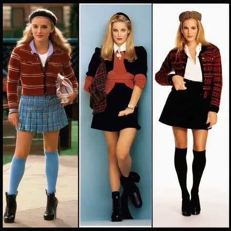 Cher Horowitz, the protagonist of the film “Clueless,” is a quintessential 1990s fashion icon, played by Alicia Silverstone. She is often depicted in stylish, trend-setting outfits that epitomize the high fashion of Beverly Hills teens in the 90s. Her ward...