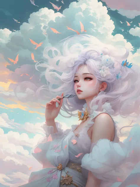 One in a white dress、woman drawing with photo frame, exquisite facial features，cloud goddess, Guviz style artwork, girl clouds, Japanese anime fantasy illustrations, fantasy art style, inspired by Yanjun Cheng, A beautiful artistic illustration, A masterpi...