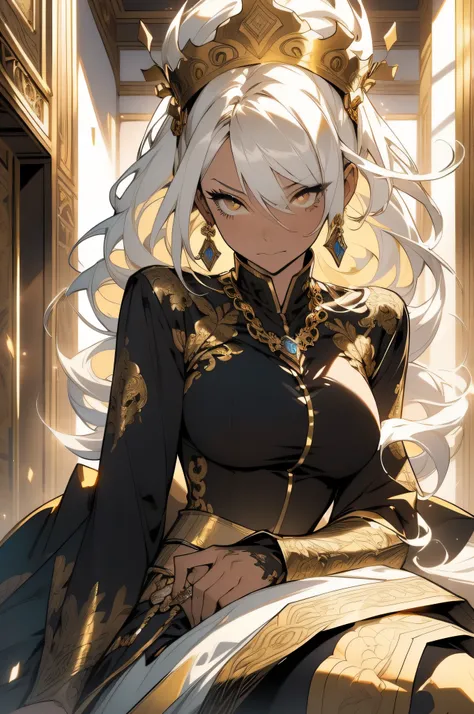 (looking at pov) highly detailed face, realistic face, golden katana, (oversized clothes:1.2), miniskirt,  (dark coat with ornate golden embroidery, golden embellished), (white hair, golden streaks on hair), yellow eyes, thigh strap, (neo city), (clouds), ...