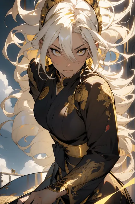 (looking at pov) highly detailed face, realistic face, golden katana, (oversized clothes:1.2), miniskirt,  (dark coat with ornate golden embroidery, golden embellished), (white hair, golden streaks on hair), yellow eyes, thigh strap, (neo city), (clouds), ...