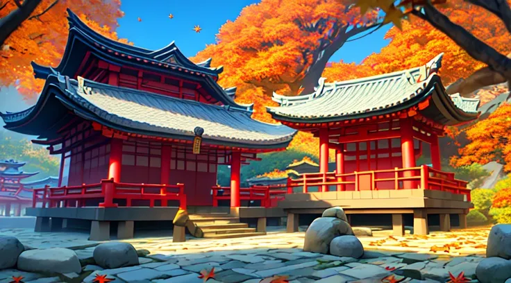 detailed, 2.5D, flat-colors, line-art,
Japanese shrine, 
roof tiles, wood, stone,
daytime,
autumn leaves,