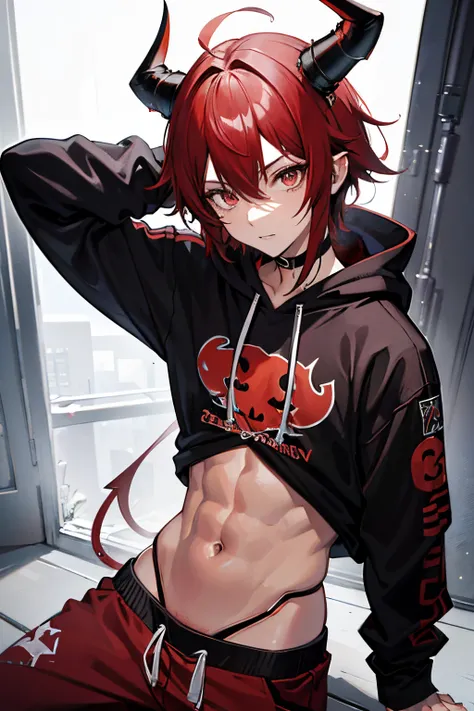 ,A demon anime boy Red skin with brown eyes and short horns,anime,portraits,detailed eyes,detailed horns,chilled expression,stylish hoodie,funky sweatpants,vivid colors,sharp focus,studio lighting, intense gaze,energetic pose,urban background