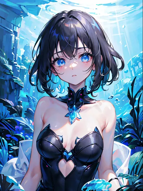 (masterpiece,best quality,ultra-detailed),1girl,beautiful and detailed face, detailed eyes,looking at viewer,short hair,white and black hair, curly hair,(petite), medium chest, sleeveless ,black dress,night, starry sky,(monster girl),((underwater)), glowin...