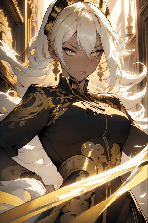 (looking at pov) highly detailed face, realistic face, golden katana, (oversized clothes:1.2), miniskirt,  (dark coat with ornate golden embroidery, golden embellished), (white hair, golden streaks on hair), yellow eyes, thigh strap, (neo city), (clouds), ...