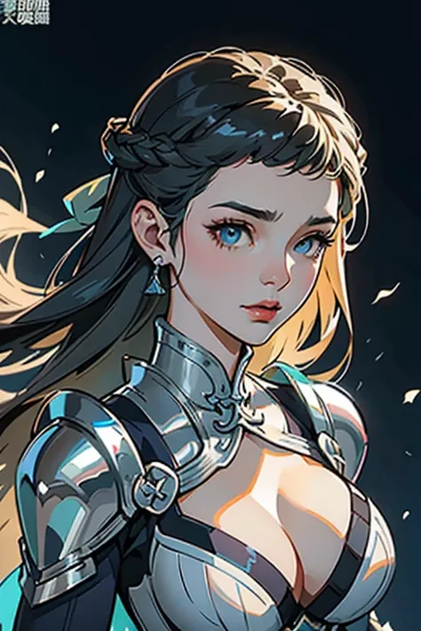 close up shot of a woman in a silver and blue dress, silver armor, large breasts, cleavage, chengwei pan on artstation, by yang ...