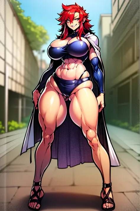 smug, musclegirl,, medium breast, full body, standing, cloak, red hair, blue eyes, flipflops,smile,, long skirt,See-Through Dress, (wide hips:1.3), (big buttocks:1.3), (thick thighs:1.3), (small waist:1.3), (gigantic breasts:1.3)