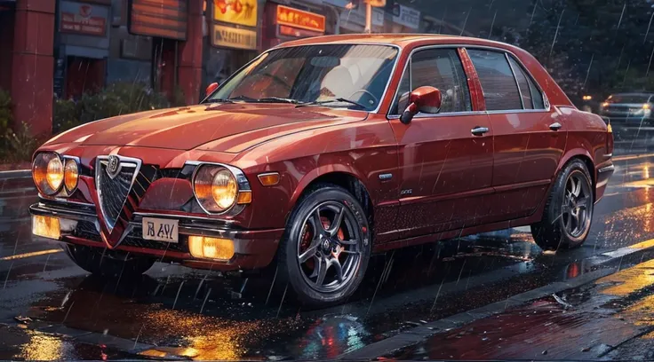 Alfa-Romeo, Luxury sedans, Julia, rainy evening, (Highway:1.2), Running alone, top-quality, unparalleled masterpiece ever, Ultra-realistic 8KCG, erfect artwork, Feeling of sprinting,