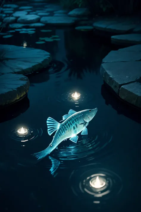 glowing silver fish in the pond, silver fish in the pond, moonlight, eerie night, translucent water