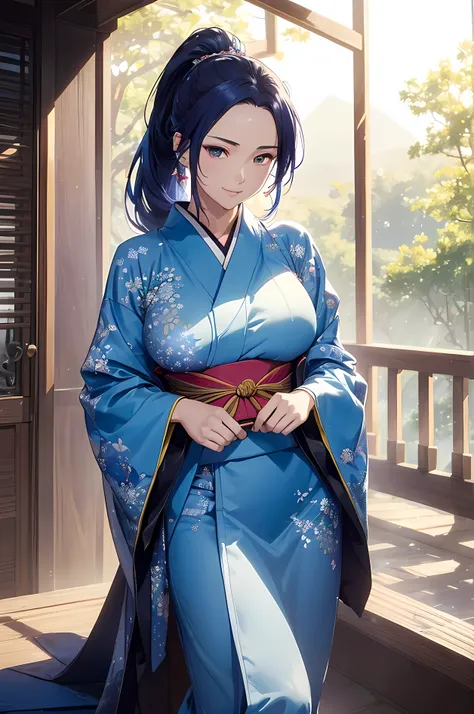 A beautiful woman, ((( kimono))), ((perfect body figure, very big breast, very big ass, beautiful face, beautiful face, milf, age 46, royal, blue color hair, ponytail hair style, beautiful skin, Extremely details hair, fine details)), (((cinematic lighting...