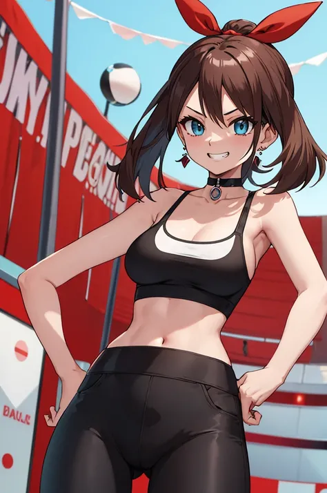 masterpiece, best quality, highres, May, aqua eyes, black choker, red ribbon, earrings, jewelry, midriff, sports bra, bare shoulders, pants, leggings, standing, cowboy shot, stadium, holding poke ball, poke ball (basic), evil grin,