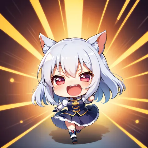 top-quality、Top resolution、(Chibi:1.4)、(Chibi Chara)、Uma Musume、White hair、length hair、straight haired、open open mouth、Delighted、A smile、Running、simple background