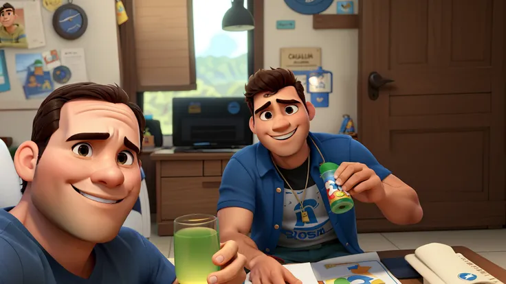 Dois homens bebendo no estilo Disney Pixar, alta qualidade, melhor qualidade