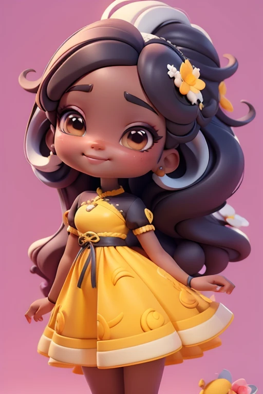 Avatar fada menina negra, tons amarelo e preto, sorriso meigo e delicado, asas brilhante, vestida com uma jardineira, corpo inteiro,pele clara e olhos delicados e definidos,cartoon 3D com blusa delicada,, casaco peludinha, cabelos multicolor, fundo simples...