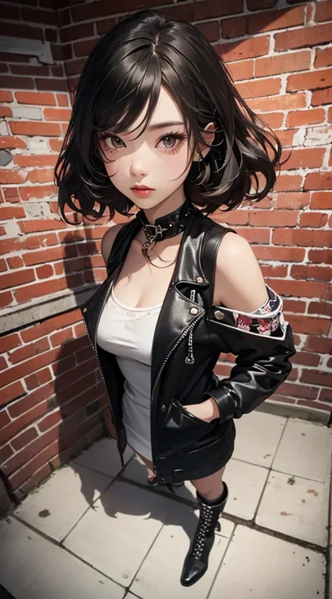 (((8k wallpaper of extremely detailed CG unit:1.2, ​masterpiece, hight resolution:1.2, top-quality:1.2, masutepiece))), ((a very beautiful woman, Hands in pockets:1.8, punk fashion:1.5, Wearing boots:1.3)), ((extra detailed face, Highly detailed black eyes...