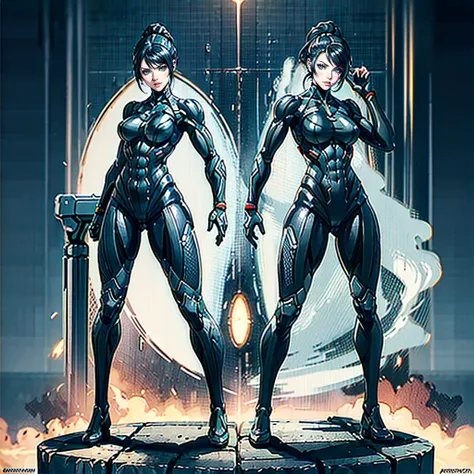 An illustration of Peta Jensen, Short Ponytail , hair pulled back, black hairs, turquoise eyes, Makeup, wearing a Black crysis nanosuit, High resolution, Ultra-pointu, 16k, Masterpiece, standing pose, Wide Shot,