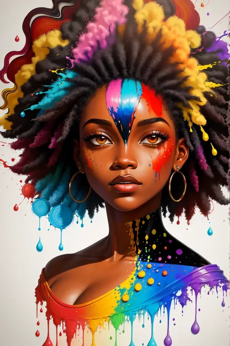 um retrato de pintura abstrata de uma mulher afro-americana com splatter de tinta colorido, no estilo do realismo com elementos de fantasia, gradientes de cores, salpicos de cor, figuras coloridas estilo minimalista, oil painting