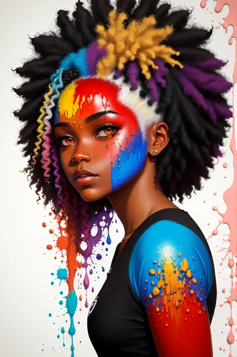 um retrato de pintura abstrata de uma mulher afro-americana com splatter de tinta colorido, no estilo do realismo com elementos de fantasia, gradientes de cores, salpicos de cor, figuras coloridas estilo minimalista, oil painting