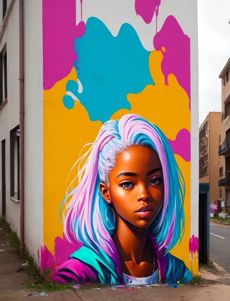 Graffiti painting, street art, 16k extremely detailed CG unit wallpaper, 16k landscape, artwork, masterpiece, best quality, amazing light brushstrokes, of a 16 year old African American girl with platinum hair in graffiti style on a white wall with vibrant...