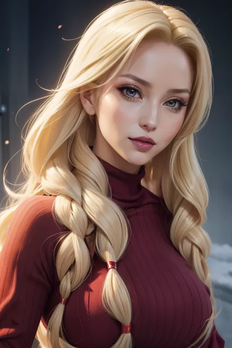 tsunade is elsa of frozen, sonriente, ((Maquillaje muy intenso)), ((Glossy lipstick)), voluptuoso, Cabello largo, blonde hair, cabello lacio, red sweater, escote, Vaqueros cortos, derriere, beautiful buttocks