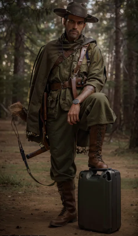 male soldier, Argentine face features, Wears a black cowboy hat, Wears a red poncho, Brown military uniform, Military boots, Belt with ammunition, Highly detailed hands, Carries a tomiegun, has one foot in a gas tank, is in a grassland in the background yo...