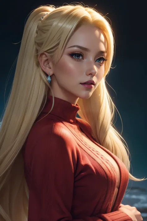 tsunade is elsa of frozen, sonriente, ((Maquillaje muy intenso)), ((Glossy lipstick)), voluptuoso, Cabello largo, blonde hair, cabello lacio, red sweater, escote, Vaqueros cortos, derriere, beautiful buttocks