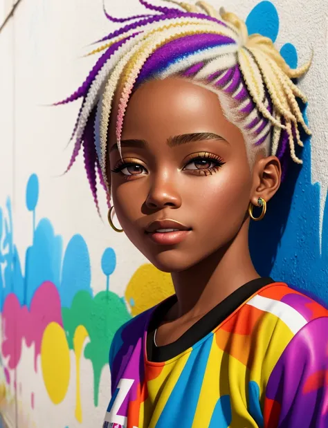 Graffiti painting, street art, 16k extremely detailed CG unit wallpaper, 16k landscape, artwork, masterpiece, best quality, amazing light brushstrokes, of a 16 year old African American girl with platinum hair in graffiti style on a white wall with vibrant...