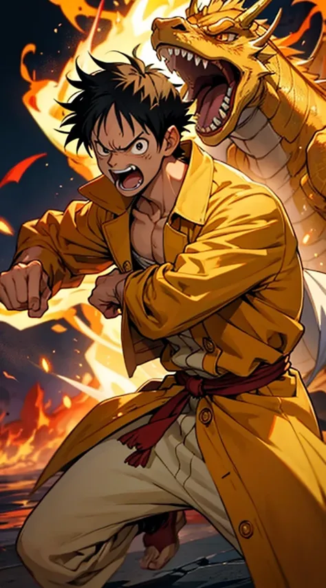 LUFFY very angry screaming dressed in a yellow overcoat and doing a combat pose and his hands on fire and a very shiny golden dragon behind him very detailed art