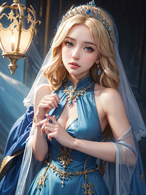 Blonde haired woman in blue dress with veil and veil over her head, linda donzela fantasia, arte de fantasia detalhada, bela arte de fantasia, Loira - Princesa Cabelos, Artgerm em ArtStation Pixiv, donzela bonita, ((uma bela imperatriz fantasia)), 2. 5 d c...