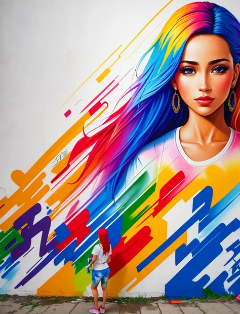 Graffiti painting, street art, 16k extremely detailed CG unit wallpaper, 16k landscape, artwork, masterpiece, best quality, amazing light brushstrokes, of a Colombian woman in graffiti style on a white wall with vibrant colors.